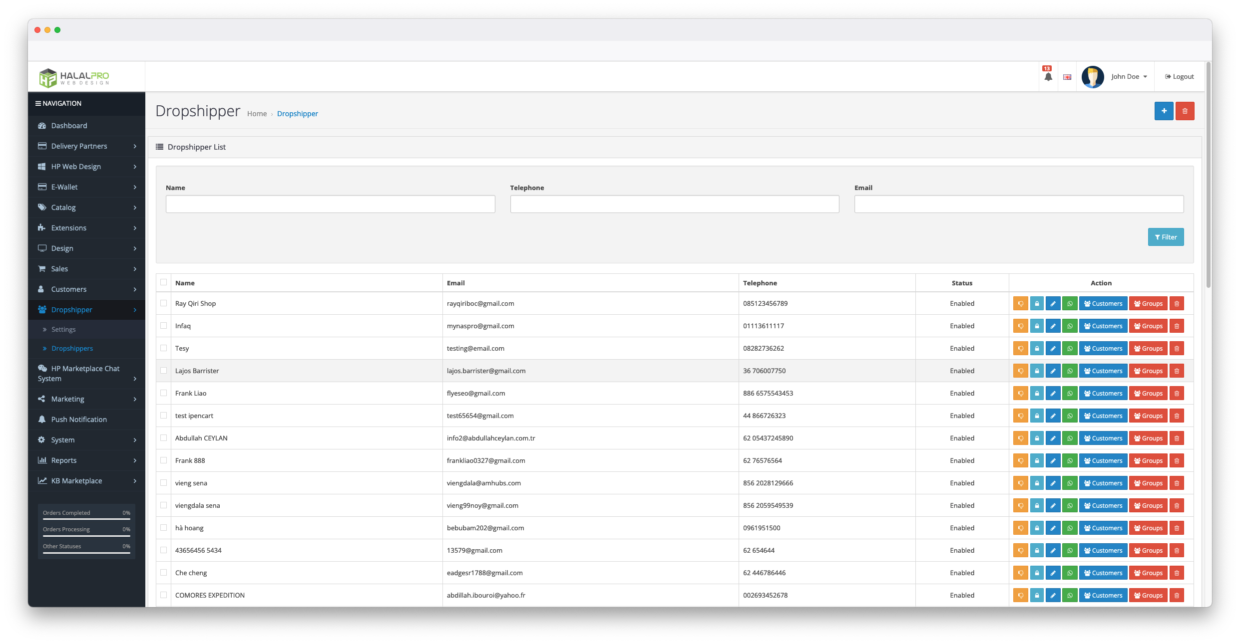 dropshipper management in dashboard page opencart